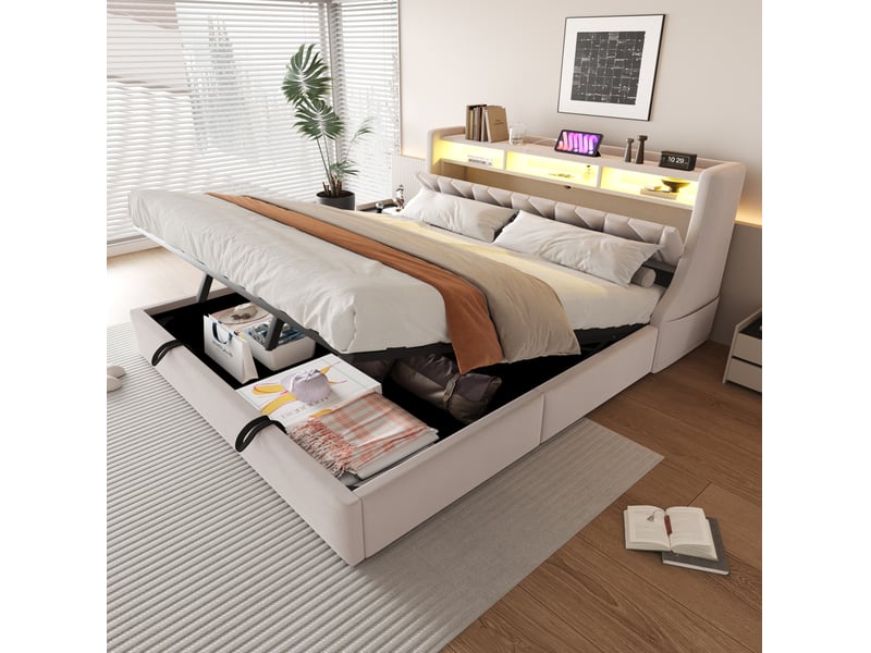  Lit double 180 × 200 cm coffre hydraulique avec tête de lit relevable, led, prises et rangements pour chambre, beige  - Conforama E