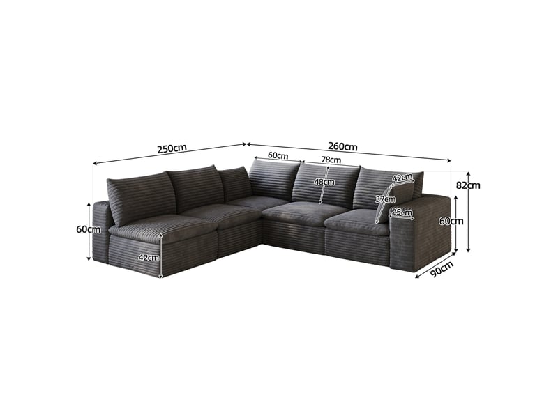  Canapé d'angle modulable modenvie 5 places 260 x 250 cm velours côtelé gris foncé  - Conforama C