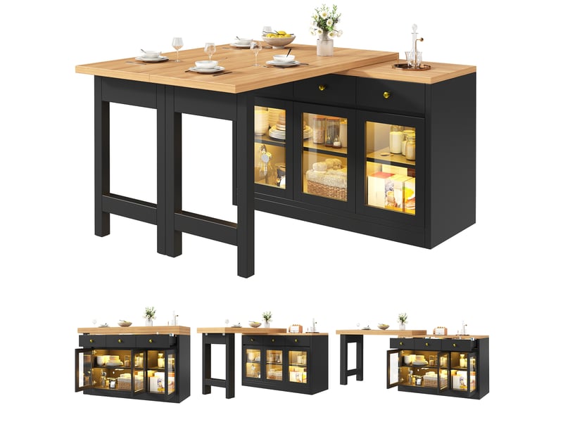 Îlot de cuisine extensible avec led et 3 tiroirs - 3 portes vitrées, mdf noir 120–200 × 40 × 75,5 cm - Conforama A