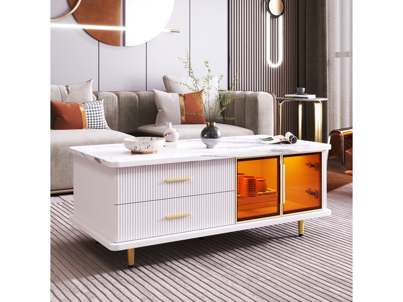  Table basse 100x50x40 cm avec led, 2 tiroirs et 2 portes vitrées, panneaux de particules décor marbre, blanc et doré ABC - Conforama B