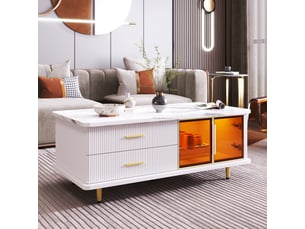 Table basse 100x50x40 cm avec led, 2 tiroirs et 2 portes vitrées, panneaux de particules décor marbre, blanc et doré