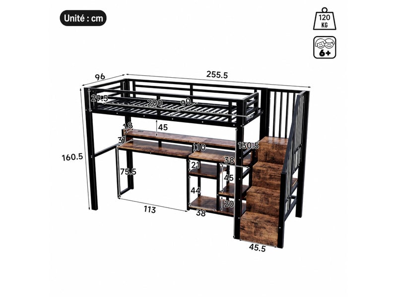  Lit mezzanine, lit simple avec échelle de rangement, étagères, usb, type-c et led, 200x90 cm, sans matelas, noir  - Conforama D