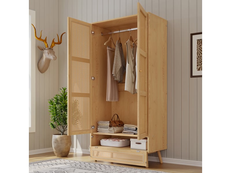  Armoire 2 portes avec penderie et coffre bas pour chambre en panneaux de particules 90×45×183 cm naturel  - Conforama C