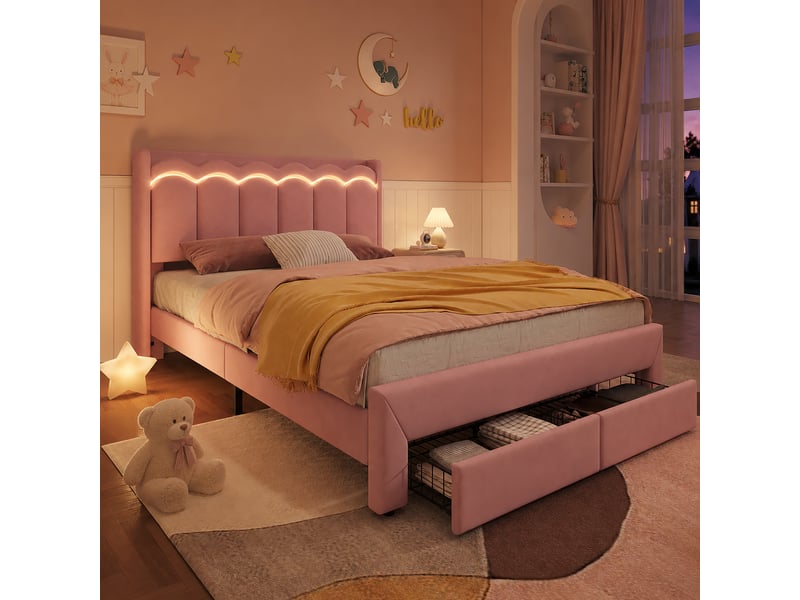  Lit enfant 140 × 200 cm 2 places, 2 tiroirs, led pilotée par application et étagère, sans matelas, velours rose  - Conforama C