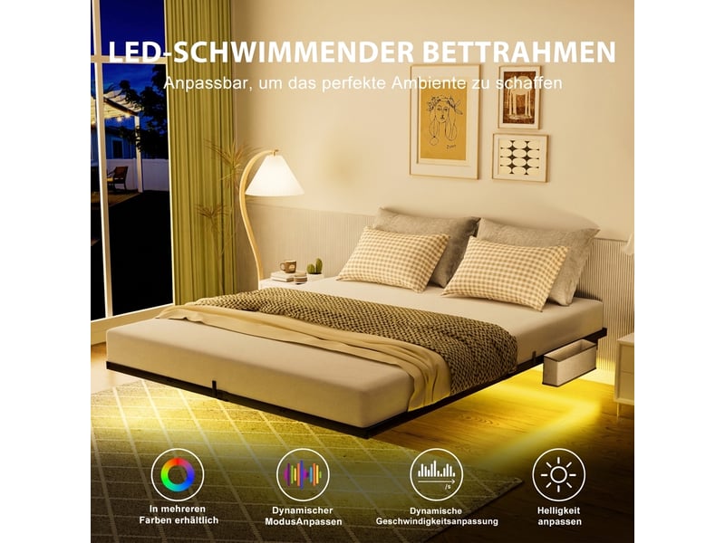  Lit flottant 160x200 cadre de lit métal noir avec éclairage led et station de charge usb  - Conforama R