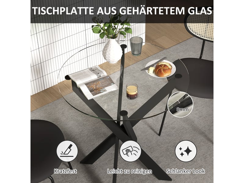 Table de salle à manger pour 4 personnes avec plateau en verre trempé, pieds croisés, en verre, ø70×75 cm, noir - Conforama E