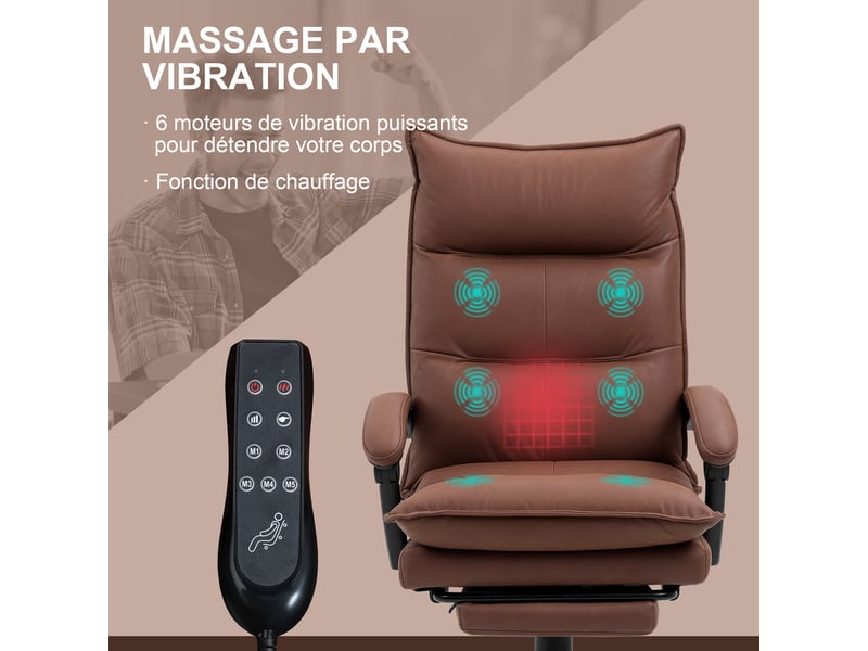  Fauteuil de bureau massant et chauffant, chaise de bureau, hauteur réglable, dossier inclinable, 66x74x121,5cm marron  - Conforama E