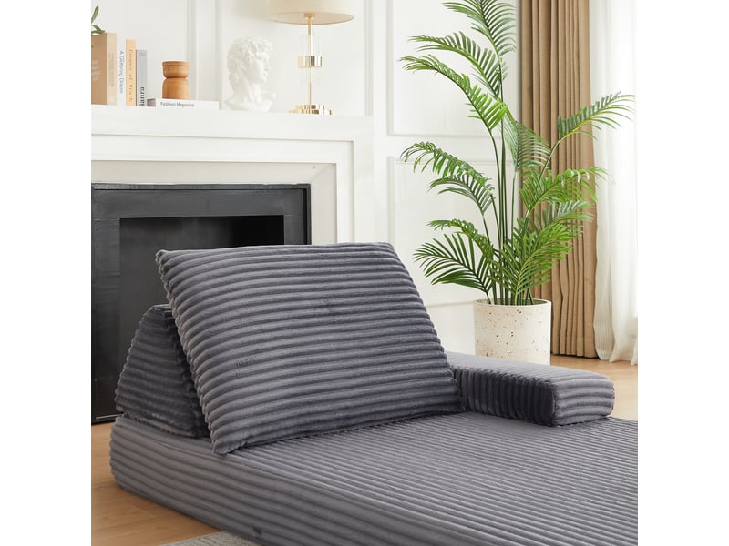  Canapé modulable convertible 211 cm en velours côtelé, dossier triangulaire, accoudoirs amovibles, assise longue multifonction - gris  - Conforama E