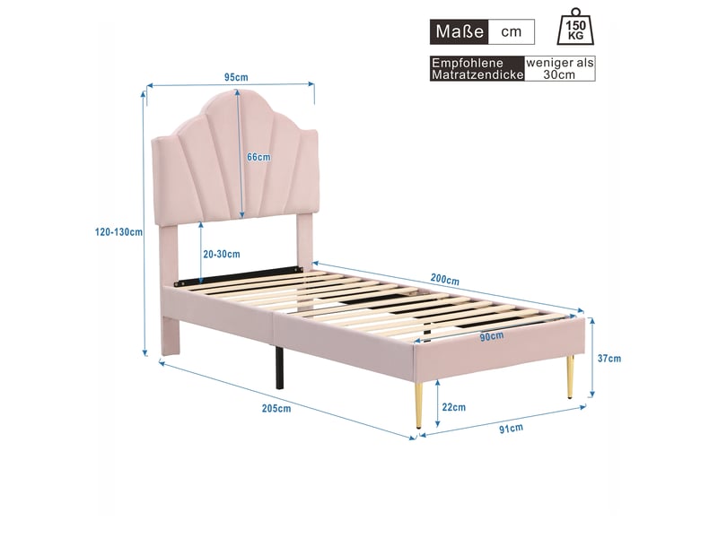  Lit rembourré tcqpz 90 x 200 cm rose velours tête de lit réglable banc de rangement pieds en fer doré sommier à lattes en bois  - Conforama C