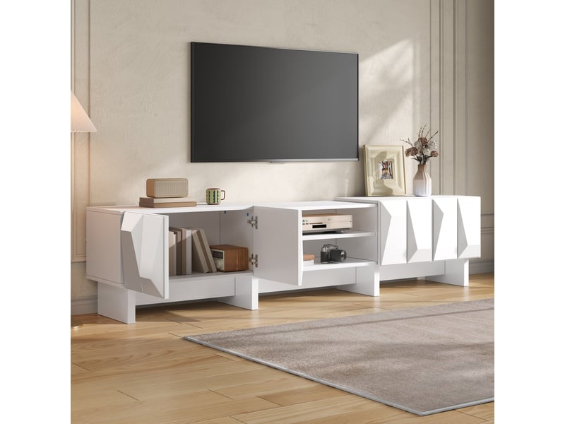  Meuble tv 180x34x44,5 cm - meuble bas en panneau de particules avec façade en relief, 4 portes, niches ouvertes et passe-câbles  - Conforama D