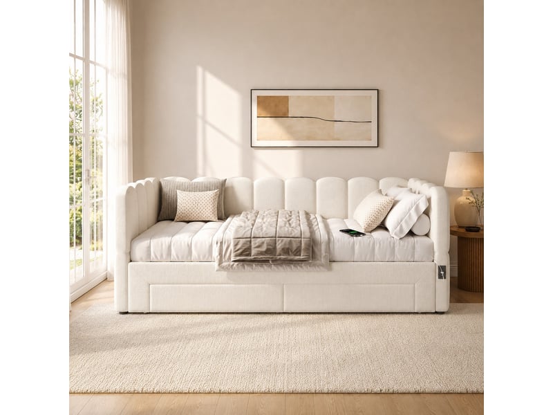 Lit banquette extensible 90x190 à 180x190 cm, canapé-lit avec 2 tiroirs de rangement, usbusb-c, lin beige - Conforama B