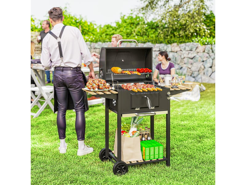  Barbecue au charbon de bois, bac à charbon réglable en hauteur, chariot de barbecue, étagères, thermomètre, ouvre-bouteille, acier, bois, noir  - Conforama D