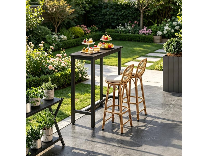  Table de bar rectangulaire avec structure métallique et plateau en bois noir style industriel pour cuisine et salon  - Conforama B