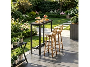 Table de bar rectangulaire avec structure métallique et plateau en bois noir style industriel pour cuisine et salon