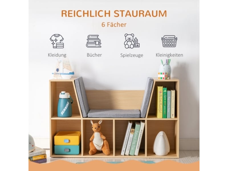 Banc coffre enfant grisnaturel, bibliothèque 6 compartiments, 3 coussins, rangement jouets, 103x30x62 cm  - Conforama D