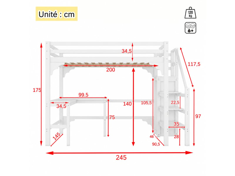 Lit mezzanine 140 x 200 cm avec bureau en l, armoire ouverte et escalier de rangement, en pin et mdf, blanc - Conforama C