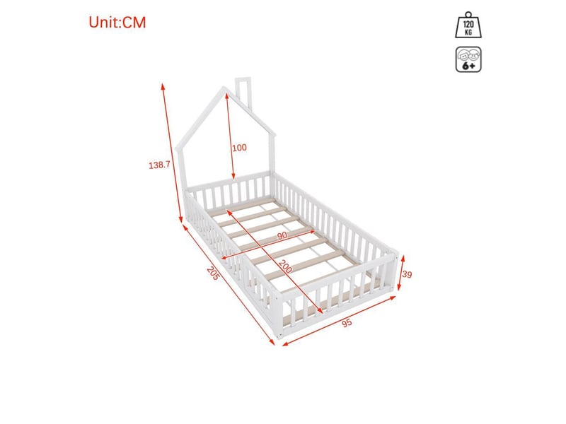  Lit enfant 90x200cm, lit cabane bois forme cheminée, barrières sécurité, sommier lattes, blanc  - Conforama D