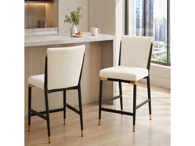  Tabouret de bar lot de 2 avec repose-pieds rectangulaire et base réglable, style scandinave en tissu beige  - Conforama B