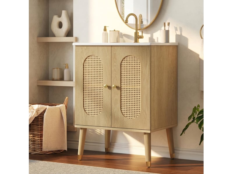 Meuble sous vasque 2 portes en rotin 2 étagères fixes avec vasque en céramique pour salle de bain 61 × 47 × 89 cm - Conforama B
