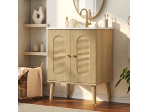 Meuble sous vasque 2 portes en rotin 2 étagères fixes avec vasque en céramique pour salle de bain 61 × 47 × 89 cm