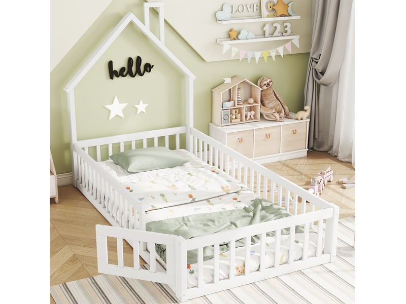  Lit cabane enfant 90x200 cm avec barrières et sommier à lattes blanc  - Conforama C