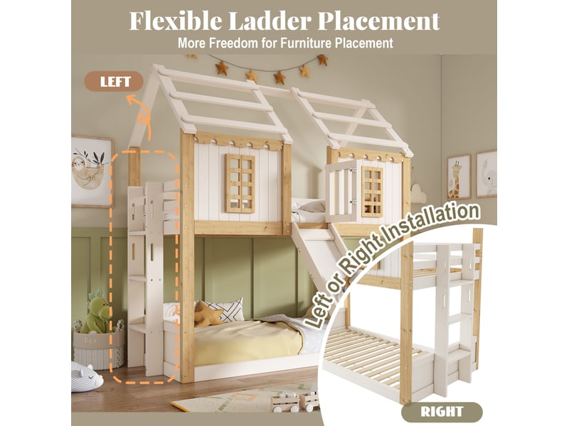 Lit superposé 90 × 200 cm 2 places avec toboggan, échelle modulable et barrières 360°, sans matelas, bois blanc et naturel - Conforama E