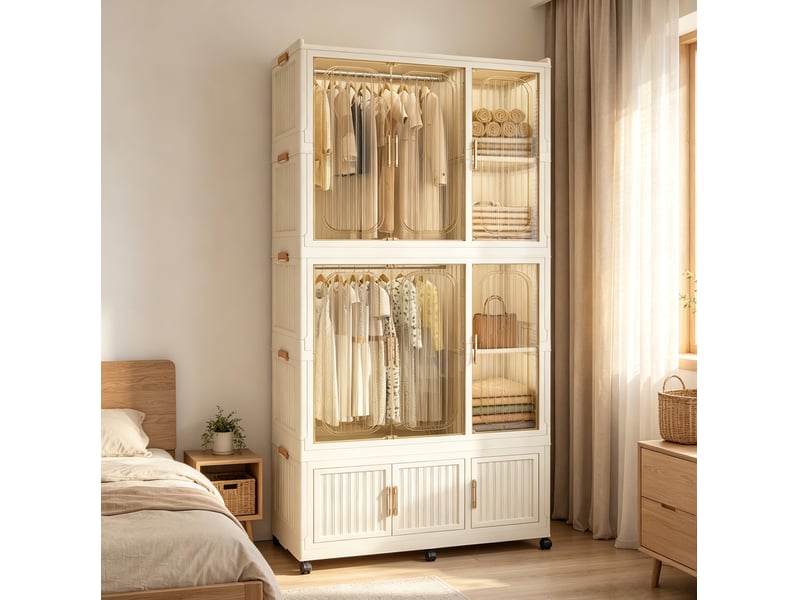  Armoire modulaire pliable 92x45x196 cm avec 9 portes magnétiques couleur beige crème, polypropylène  - Conforama D
