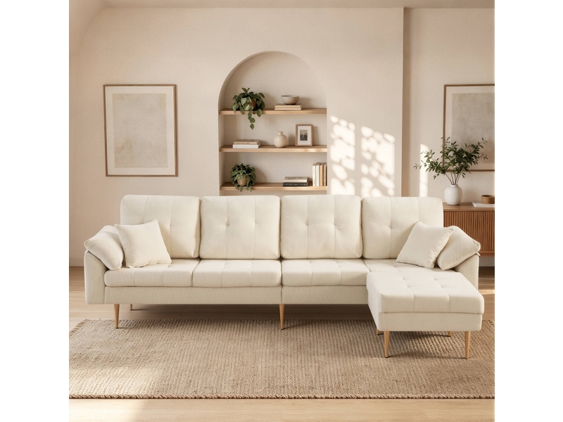  Canapé droit 4 places avec pouf mobile modulable en angle, assise épaisse, pieds en fer, velours côtelé beige clair  - Conforama C
