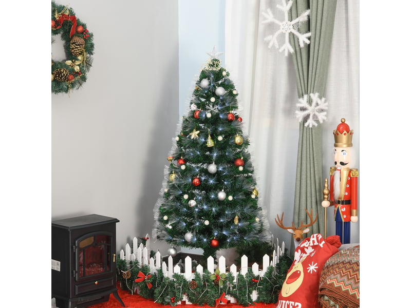  Sapin de noël artificiel lumineux 120h cm fibre optique led + 20 ampoules + support pied 130 branches étoile sommet brillante vert  - Conforama B