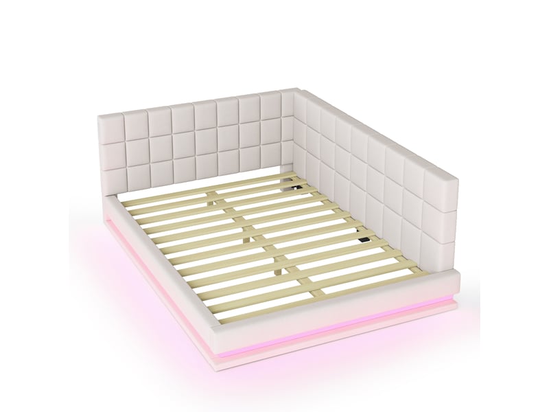 Canapé-lit rembourré 140x200 cm, lin beige, bandeau led, port usb et lattes, sans matelas  - Conforama A