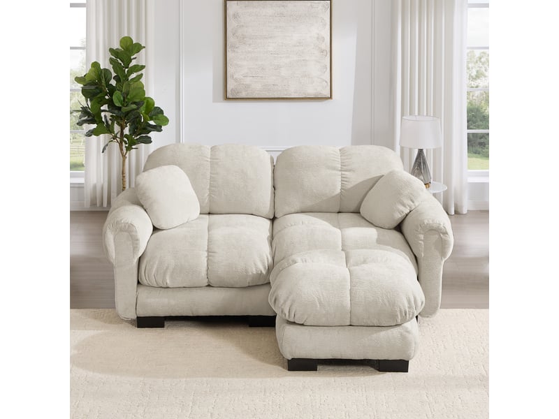  Canapé d’angle 2 places avec ottomane mobile - lpospi - coussins piqués, chenille kaki clair 190 × 149 × 90 cm  - Conforama B