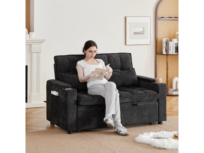  Canapé-lit convertible 3-en-1 142 cm avec rangement dans les accoudoirs, porte-gobelets et 2 coussins lombaires - noir  - Conforama B
