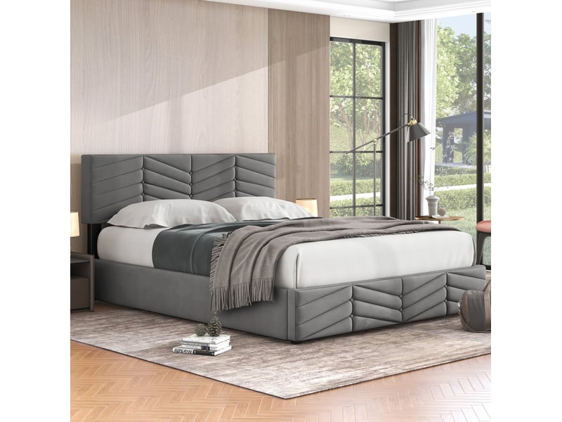  Lit coffre 140x190 cm en velours gris avec tête de lit réglable et sommier  - Conforama D