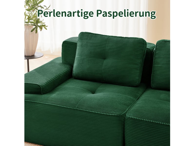 Canapé d’angle modulaire 3 places avec fonction couchage, assise profonde et 3 poufs en velours côtelé vert - Conforama E