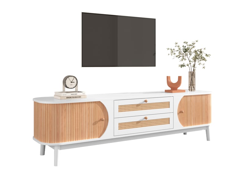  Meuble tv rotin 170 cm bois et blanc avec portes et tiroirs style campagne  - Conforama A