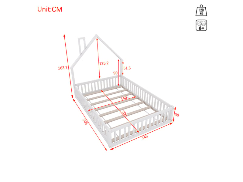  Lit enfant 140x200 cm forme maison avec cheminée et barrières blanc  - Conforama C