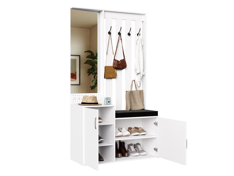  Vestiaire d'entrée - 100x40x180cm - meuble d'entrée tout-en-un avec miroir, banc, patères &amp; armoire à chaussures - blanc  - Conforama A