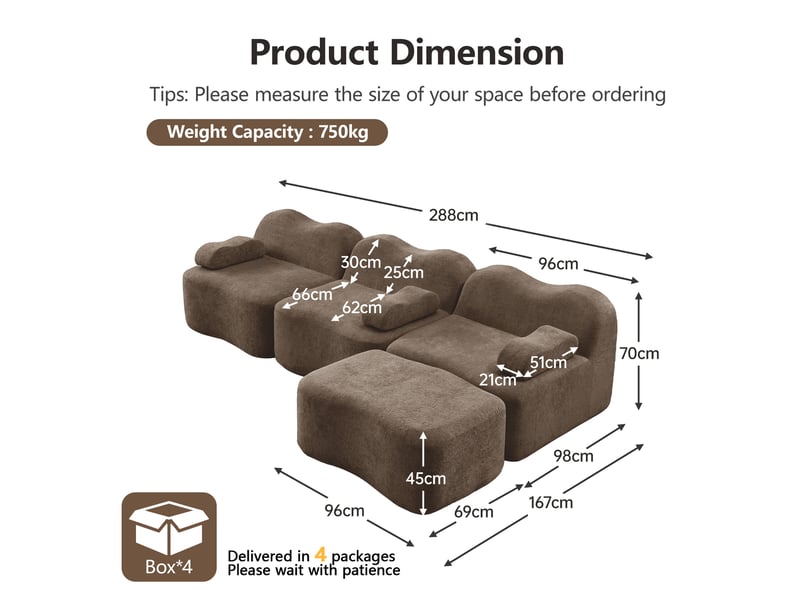 Canapé modulaire d'angle 3 places avec assise profonde et pouf, en velours marron - Conforama E