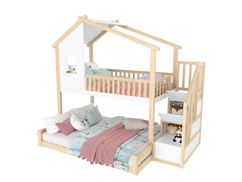  Lit superposé naturel et blanc 90 × 200 + 140 × 200 cm, échelle avec rangement  - Conforama D