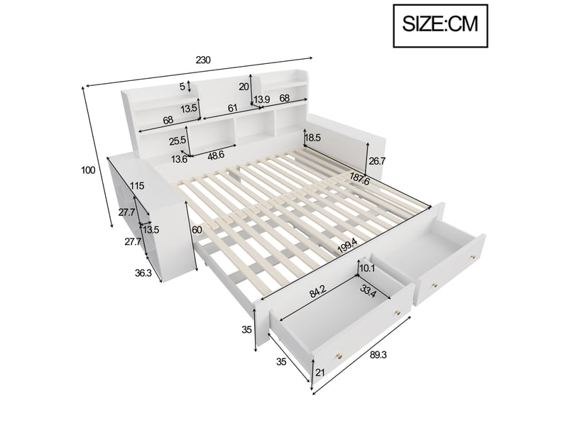  Lit enfant 90x200 cm extensible 180 cm, lit multifonctionnel avec rangement et led, bois blanc, sans matelas  - Conforama C