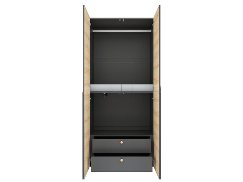  Armoire de chambre 90 x 50 x 200 cm - avec boîtes de rangement en vlies 2 portes 2 tiroirs étagères – mdf - bois et gris  - Conforama A