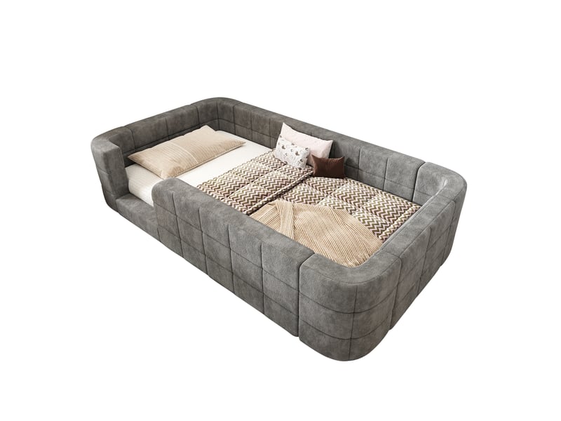  Lit enfant rembourré 90x190 cm bas en chenille gris, avec barre de protection tout autour et sommier à lattes Morn Vibe - Conforama A