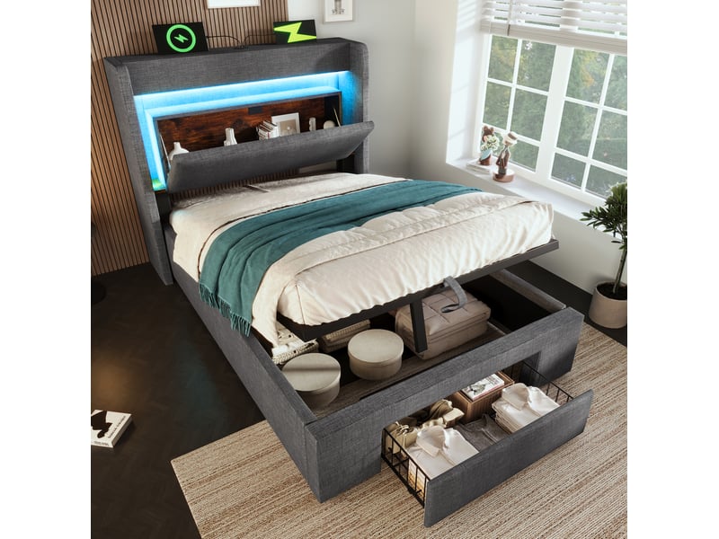 Lit coffre 90 x 200 cm avec matelas, tête de lit avec rangement, éclairage led, prises usb et usb-c, gris lin - Conforama B