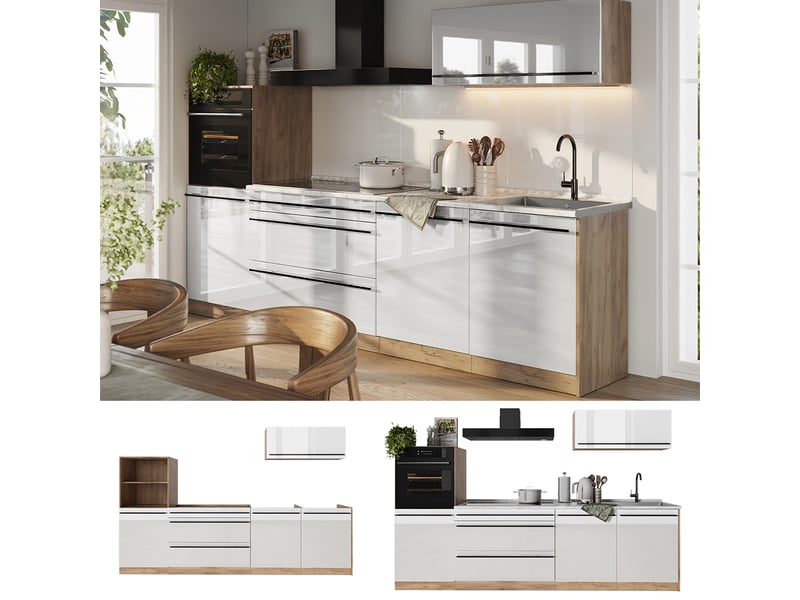 Vicco cuisine, blanc haute brillancechêne doré, 280cm plan de travail anthracite - Conforama D