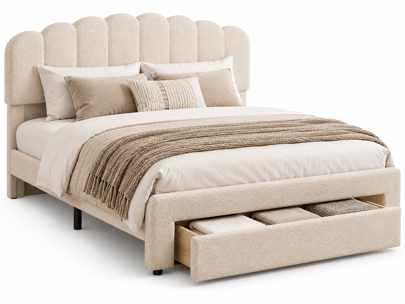 Lit 160x200cm avec grand tiroirs tête de lit rembourré double lit 2 personnes lit adulte lit capitonné lit coffre lit fonctionnel cadre de lit avec chargement usb type-c - tissu sherpa - beige - velours teddy - chambre ado- somm… - Conforama A