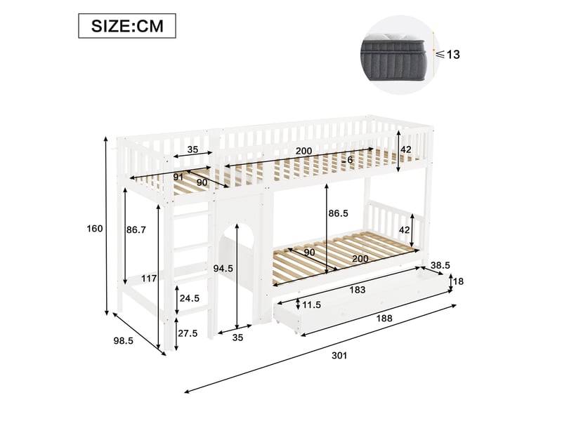  Lit superposé enfant 90x200 cm blanc et naturel avec échelle et barrières  - Conforama C