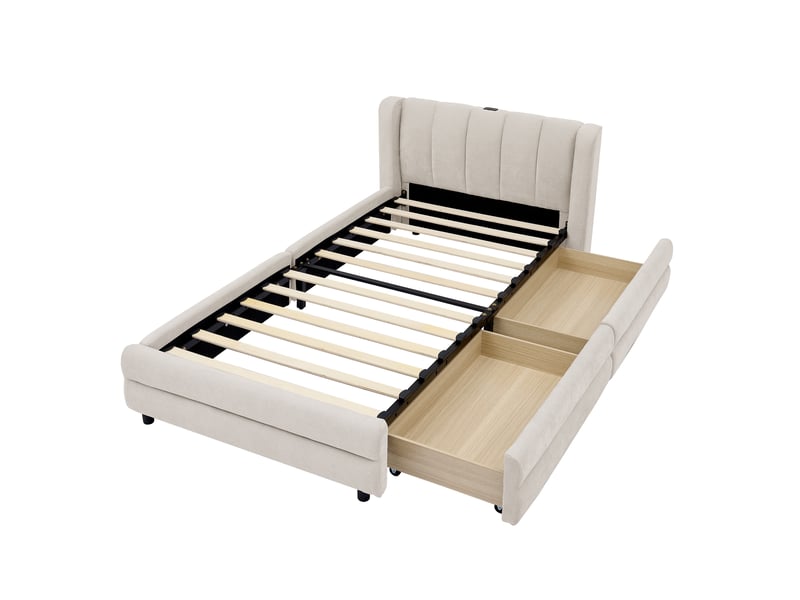  Lit d'enfant 90 x 200 cm, avec tiroir de rangement, prise usb, tissu chenille, beige  - Conforama E