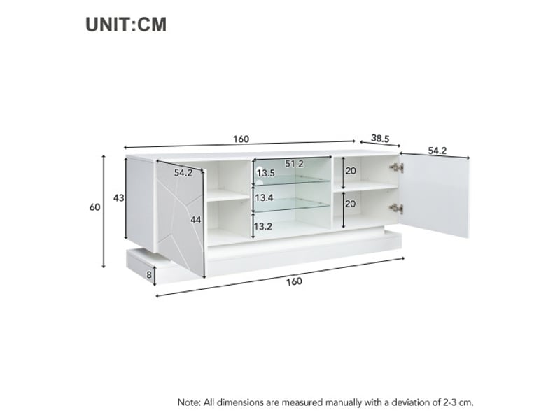  Meuble tv blanc givré 1,6 étagère en verre réglable, 70 pouces d'espace, armoire tv rangement élégant avec charnières silencieuses  - Conforama D