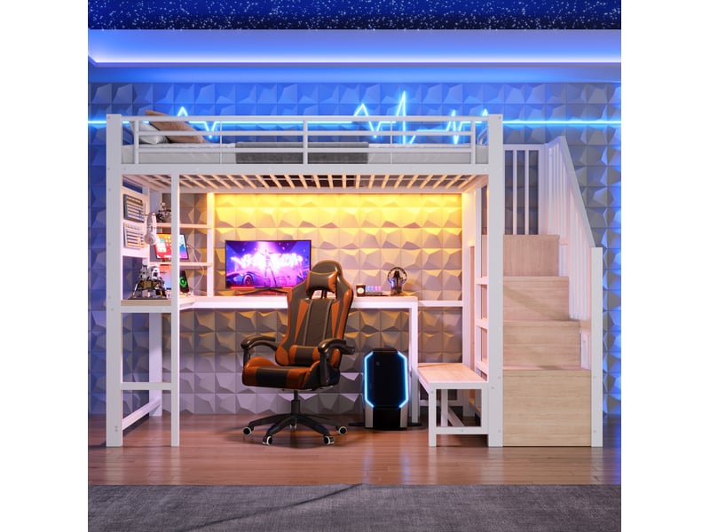  Lit mezzanine 90 × 200 cm 1 place avec bureau, led, usb et rangement, sans matelas, métal et mdf, blanc  - Conforama C