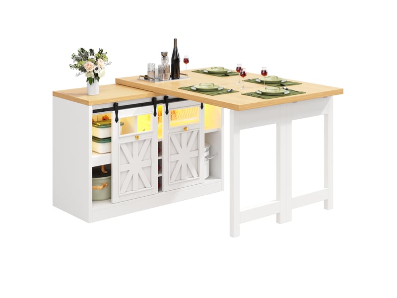  Îlot de cuisine 3-en-1 extensible 120-197 cm avec table pivotante blanc  - Conforama A